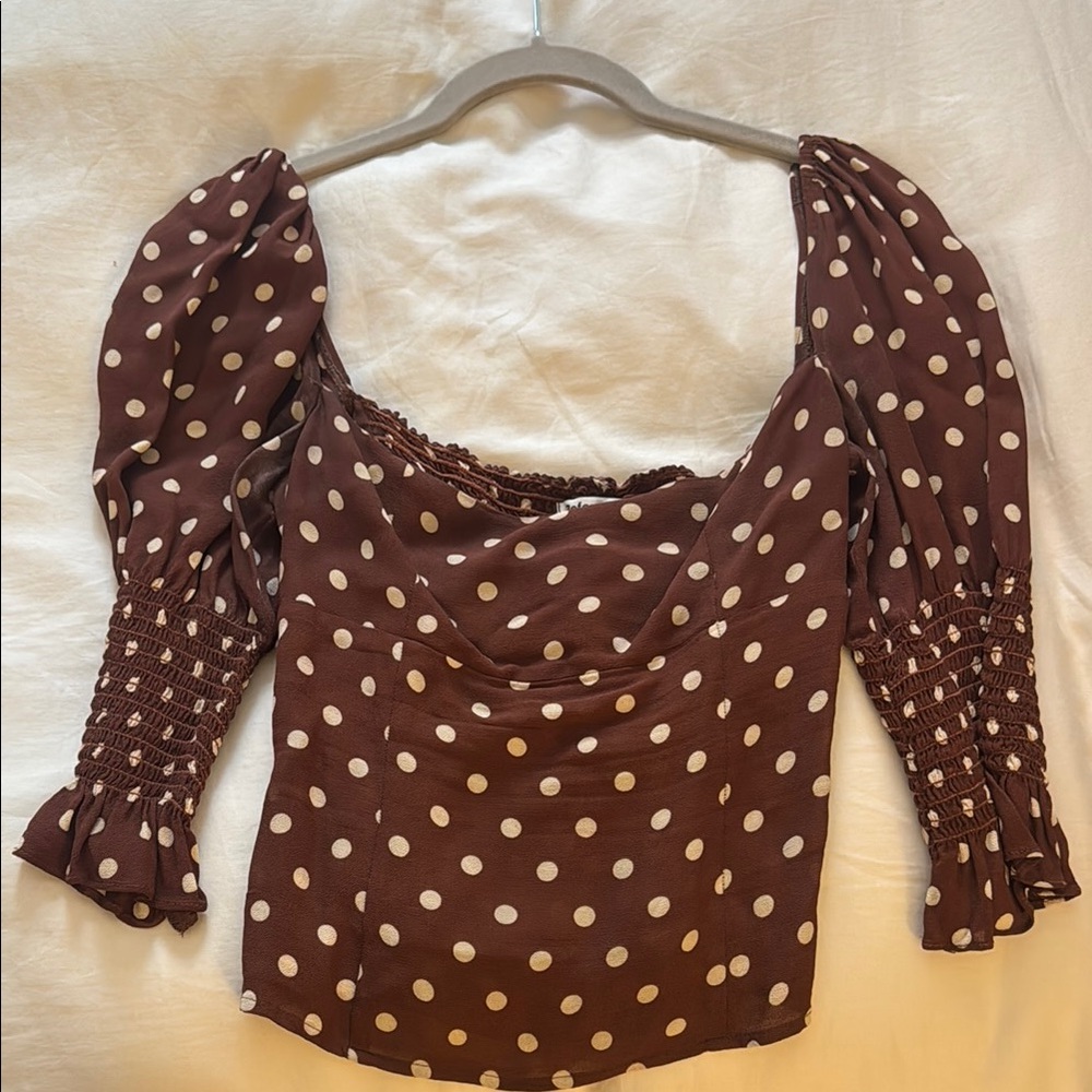 Reformation Brown and White Puff Sleeve Blouse